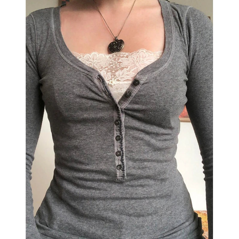y2k Fairy Grunge Tops Women Button Lace Patchwork Long Sleve T Shirt Autumn Basic Pullovers Retro Aesthetic Clothes