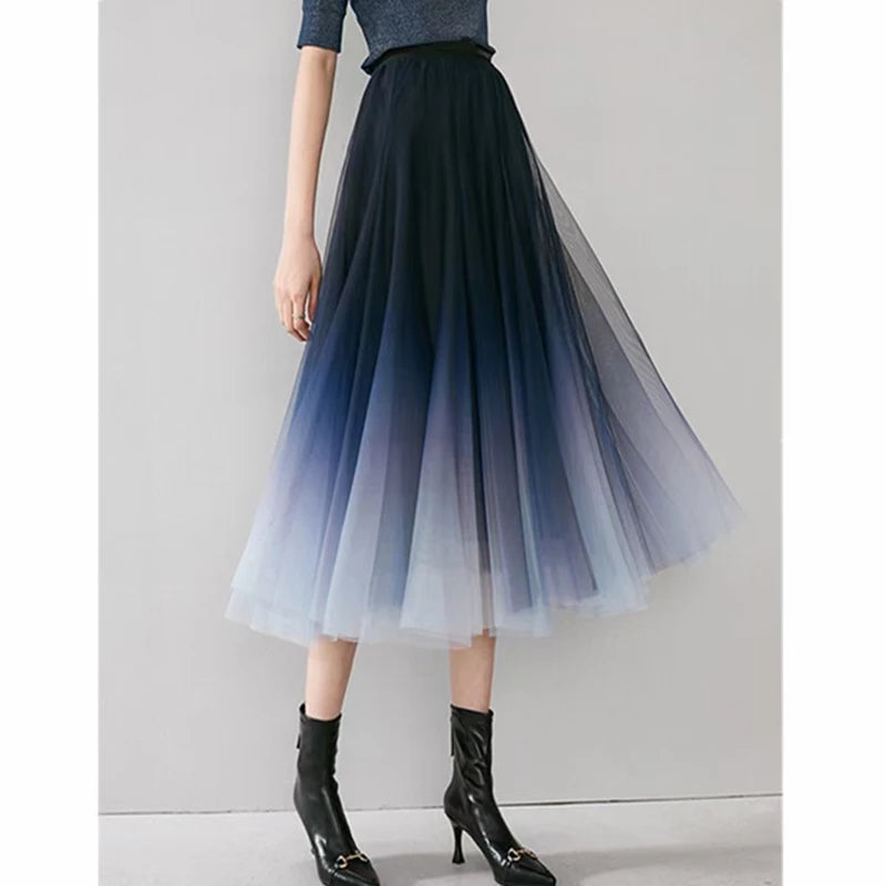 Falda midi de tul degradado para mujer, elegante falda plisada de malla, moda coreana de verano, cintura alta, informal, combina con todo, falda de línea A
