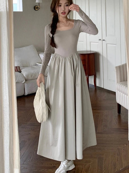 Vestidos midi informales de punto para mujer, lisos, de manga larga, cuello cuadrado, corte A, otoño, elegantes, ajustados