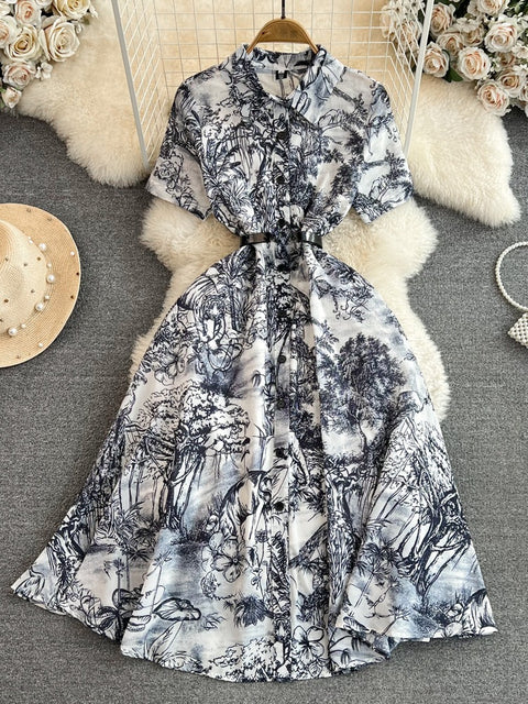 Vestido camisero retro de verano para mujer, manga corta, solapa, botonadura sencilla, corte A, estampado, largo, elegante, para fiesta