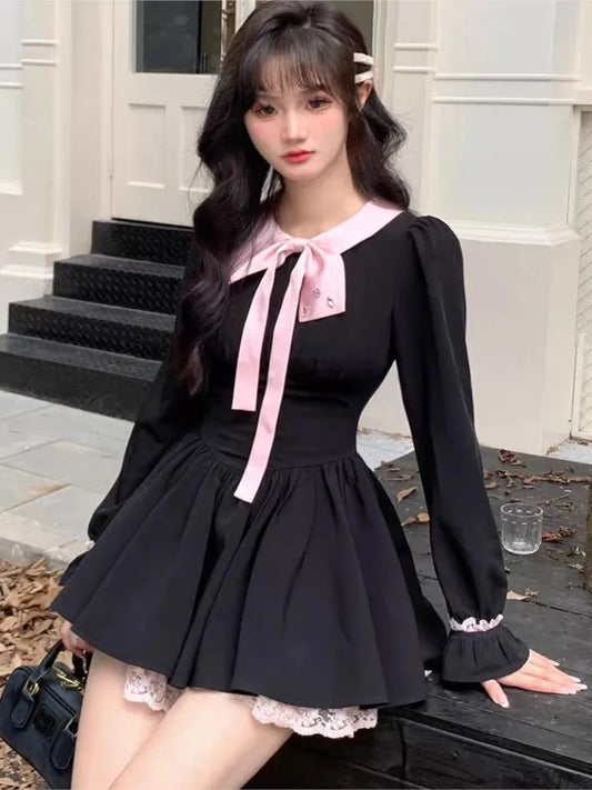Vestido corto negro Y2K para mujer, con encaje, volantes, patchwork, manga larga, corte A, estilo princesa, coreano, de una pieza, nuevo
