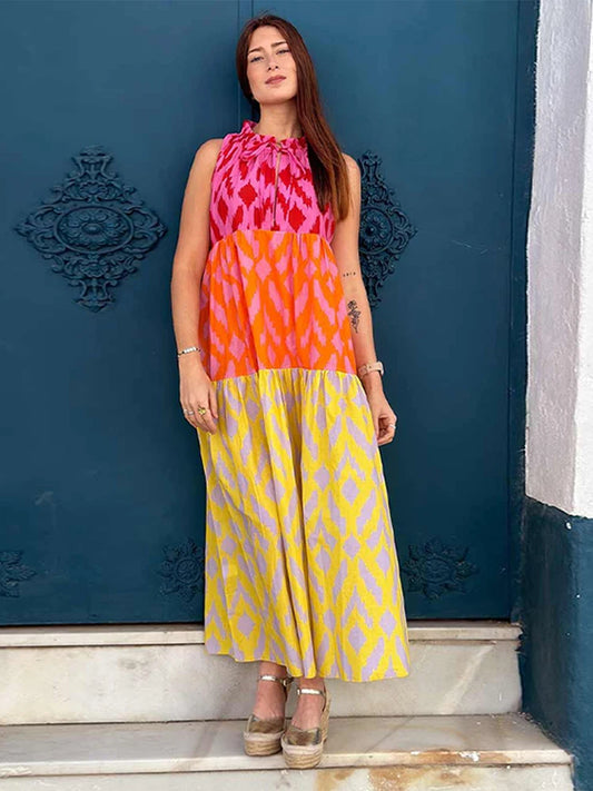 Vestido elegante con estampado de patchwork para mujer, elegante vestido Maixi informal sin mangas con cuello redondo, nueva bata de vacaciones de verano para mujer