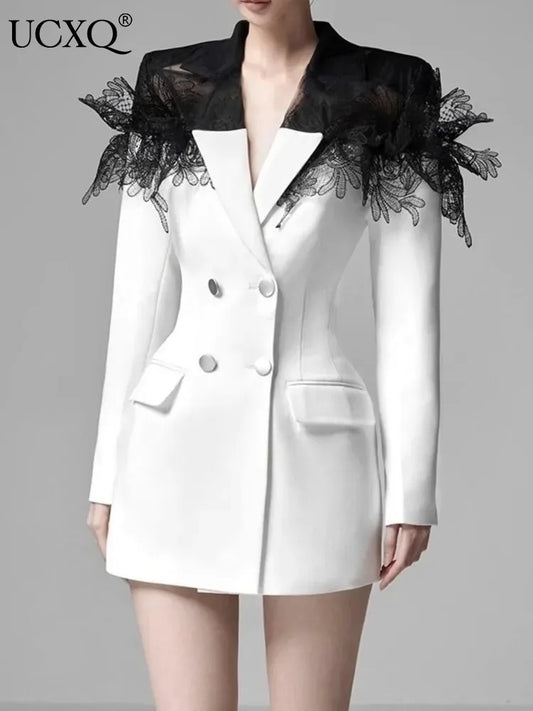 Vestido de traje para mujer, de moda, con diseño de patchwork de encaje, cuello con muescas y doble botonadura, en color contrastante, primavera-invierno 2025, A6718