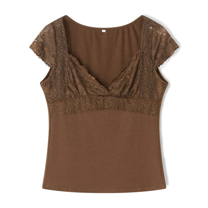 Tops cortos de encaje marrón con estética vintage para mujer, camiseta de manga corta con cuello en V, ropa grunge de hadas Y2K, ropa urbana de los años 2000