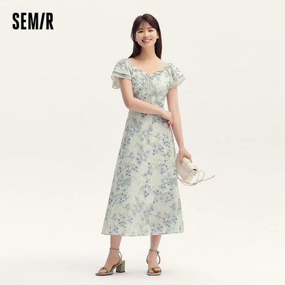 Dress Women Square Neckline Ruffled Trim And Short Flutter Sleeve  Summer New Fresh And Delicate Chiffon Floral Dress