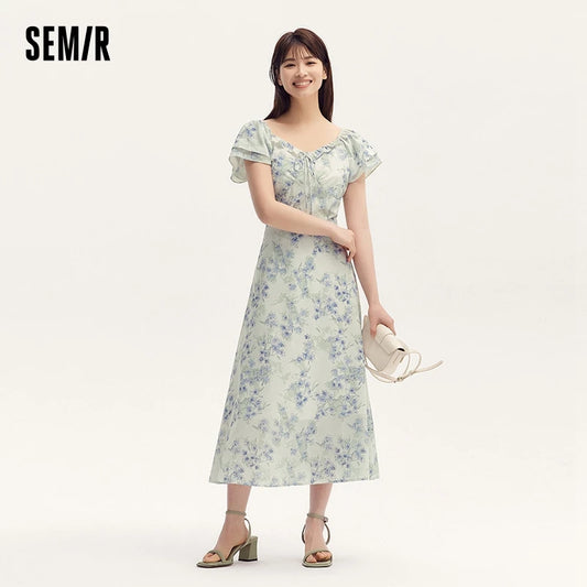 Dress Women Square Neckline Ruffled Trim And Short Flutter Sleeve  Summer New Fresh And Delicate Chiffon Floral Dress