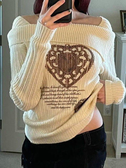 Suéter blanco de otoño e invierno para mujer, nuevo jersey de manga larga Y2k con estampado de corazón retro y hombros descubiertos, jersey ajustado y sexy