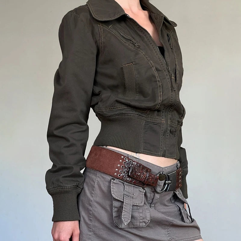 Chaqueta cargo Y2K para mujer, estilo vintage, con cremallera, informal, con detalle de costuras y bolsillos, para otoño e invierno, ropa de calle.