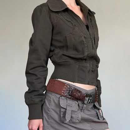 Chaqueta cargo Y2K para mujer, estilo vintage, con cremallera, informal, con detalle de costuras y bolsillos, para otoño e invierno, ropa de calle.
