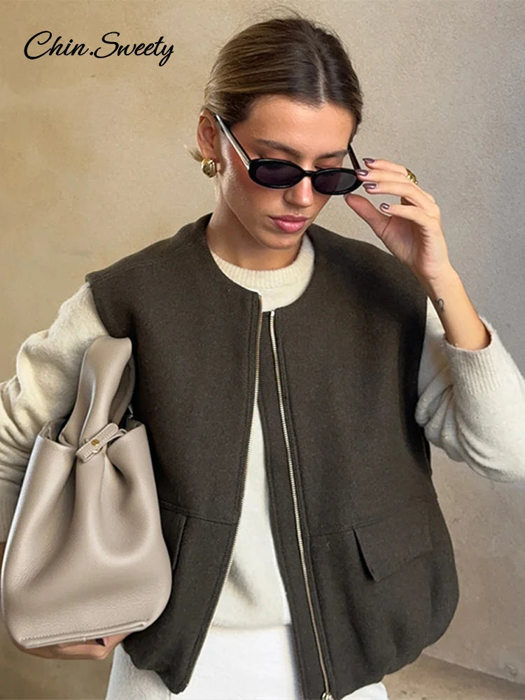 Street Zipper Waistcoat For Women Zipper O-neck Sleeveless Thick Warm Vest Top Female 2025 Spring Lady All-matching Outwear New