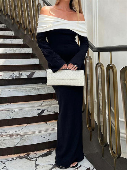 Elegante vestido largo ajustado con contraste para mujer, vestido de fiesta con hombros descubiertos y manga larga con retazos