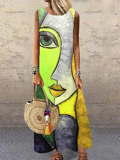 Vestidos largos sin mangas con estampado vintage para mujer, moda de verano, cuello redondo, vestido maxi holgado, ropa de viaje con temperamento, vestido femenino
