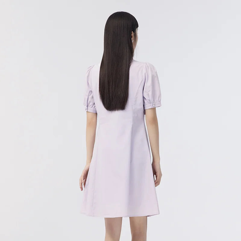 Dress Women Puff Sleeves Sweet Gentle  Summer New Temperament Solid Color Exquisite Shirt Dress