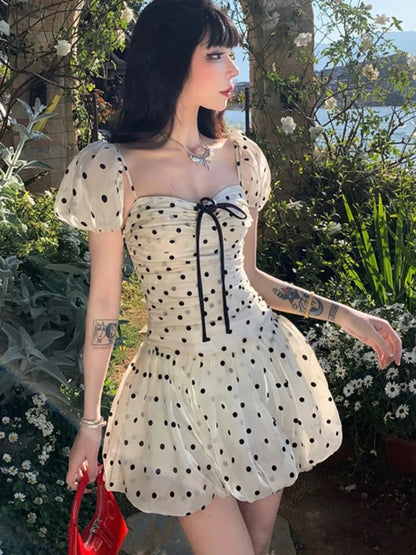 Vestido de fiesta de cumpleaños de lunares, hombros descubiertos, mangas abullonadas, corte A, minivestido para mujer, moda coreana, vestido de una pieza