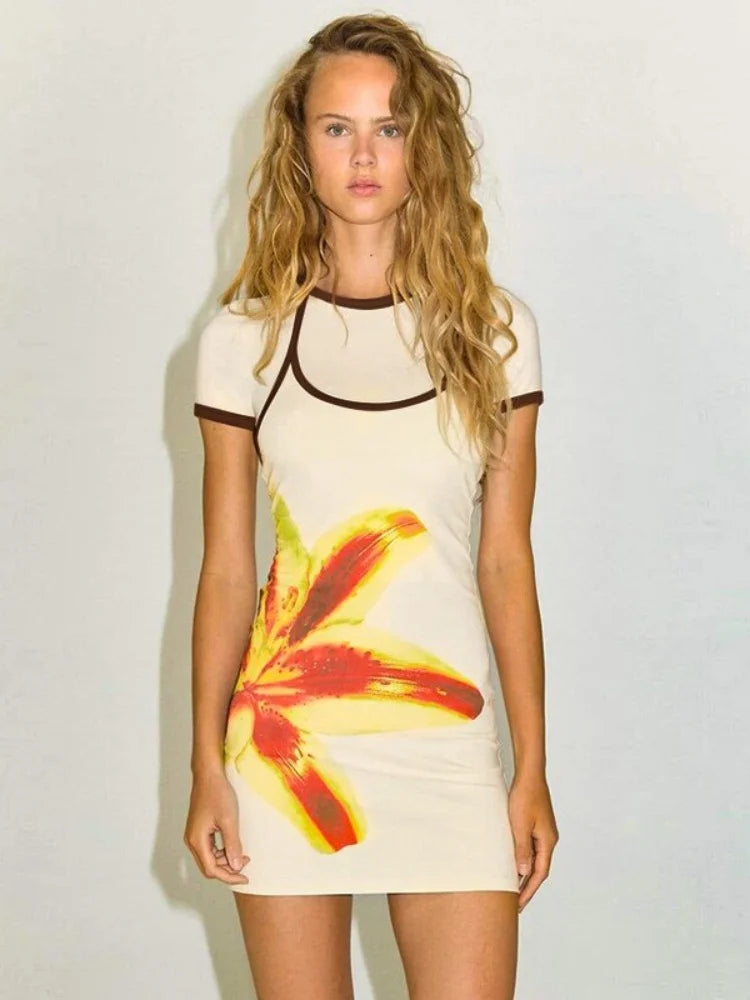 Floral Print Suspender Y2k Dress For Women Clothing White Crop Top Mini Dress 2 Pcs Set Streetwear Slim Fit Vestidos De Mujer