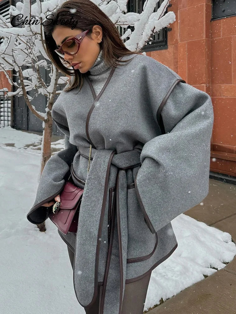 Abrigos elegantes con cinturón de patchwork para mujer, abrigos con escote en V en contraste, manga larga y bolsillos para mujer, novedad de otoño en prendas de vestir exteriores para mujer.
