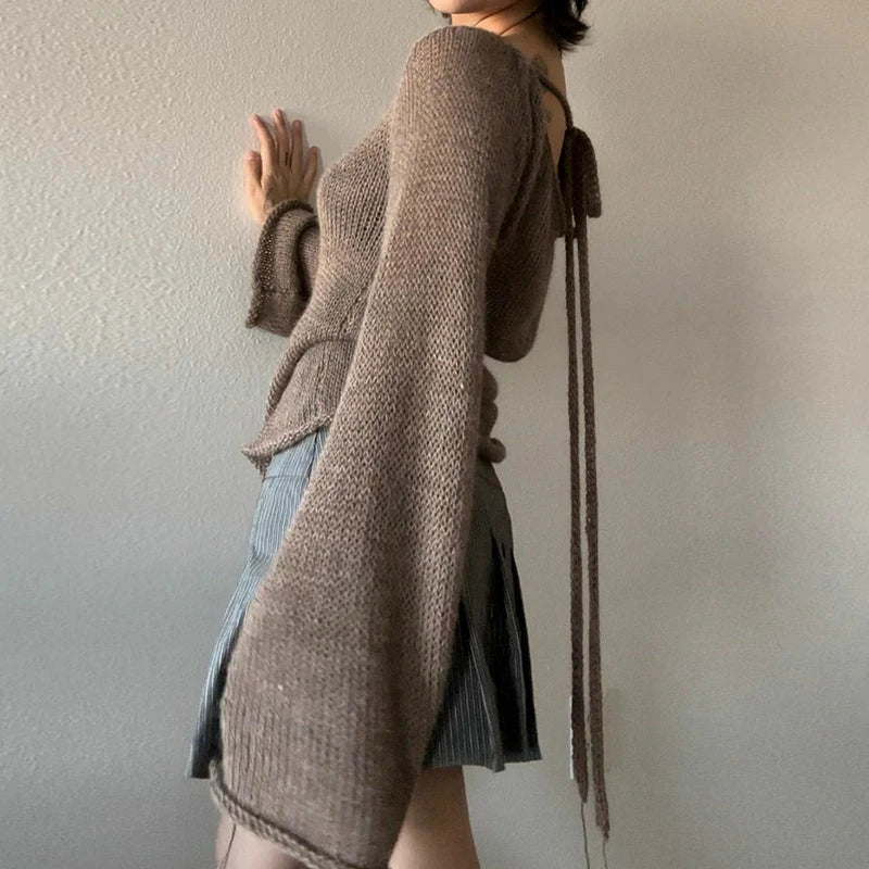 Suéteres de punto con espalda descubierta y lazo para mujer, jersey de manga larga con cuello barco, moda coreana, jerséis vintage Y2K, camiseta de otoño