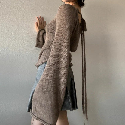 Suéteres de punto con espalda descubierta y lazo para mujer, jersey de manga larga con cuello barco, moda coreana, jerséis vintage Y2K, camiseta de otoño