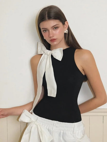 Body sexy con lazo, lencería de color contrastante, conjunto de una pieza para festival, sin mangas, tops negros femeninos, ropa Y2K para mujer