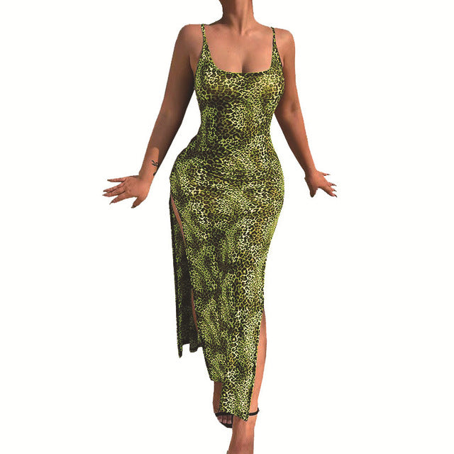 Vestidos largos ajustados con estampado de leopardo a la moda para mujer, vestidos sexis de corte bajo con espalda descubierta y abertura en la cadera, ropa de calle femenina de verano, novedad