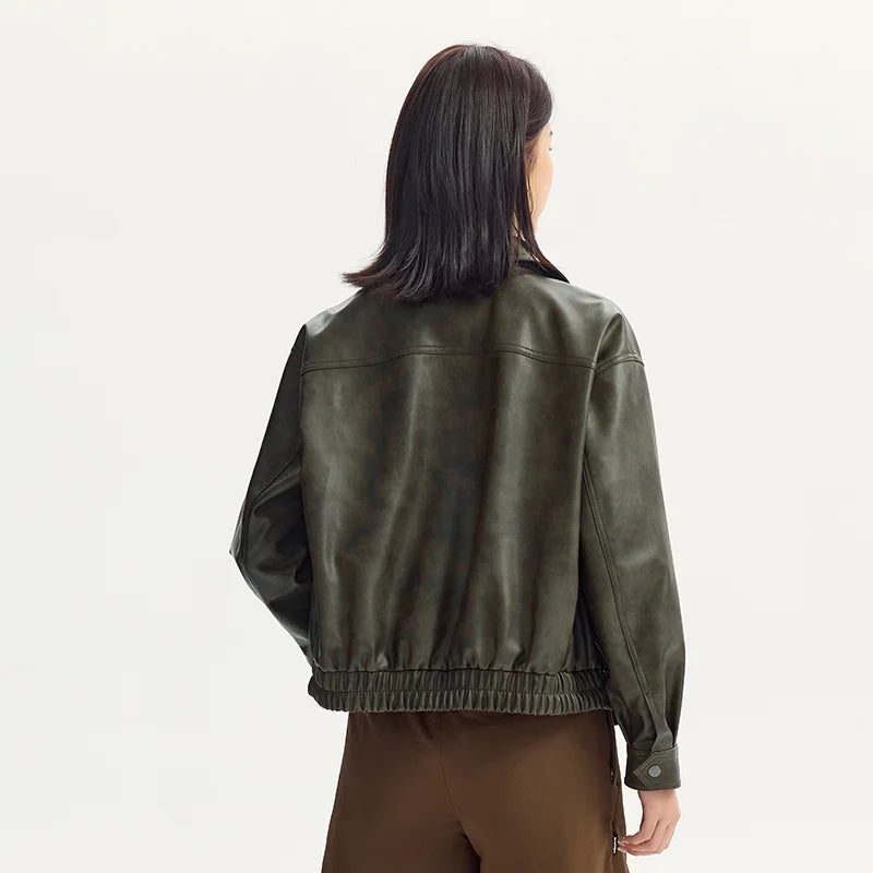 Abrigo para mujer, cuello holgado, estilo moderno, estilo urbano, otoño, nuevo, retro, texturizado, chaqueta de cuero PU.