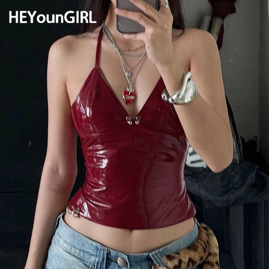 Chaleco halter rojo de cuero sintético para mujer, ropa de club, escote en V, hebilla de metal, camisola sexy, espalda descubierta, estilo urbano