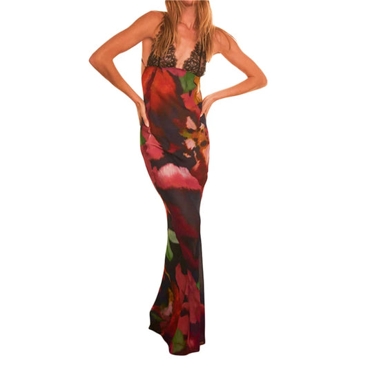Lace Trim Dress y2k Aesthetic Women Leopard/Floral Print Sleeveless Long Dresses Sexy Backless Cocktail Party Dresses