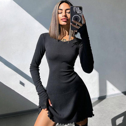 Vestido mini sexy de manga larga acanalado para mujer, otoño invierno, nuevo, cuello redondo, vendaje con cordones, vestido elegante de moda, vestidos