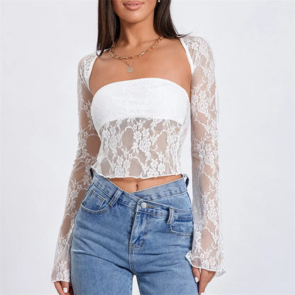 Top de tubo con bolero para mujer, sexy, transparente, sin tirantes, bandeau, chaleco y manga larga, ropa de encaje para fiesta y club.
