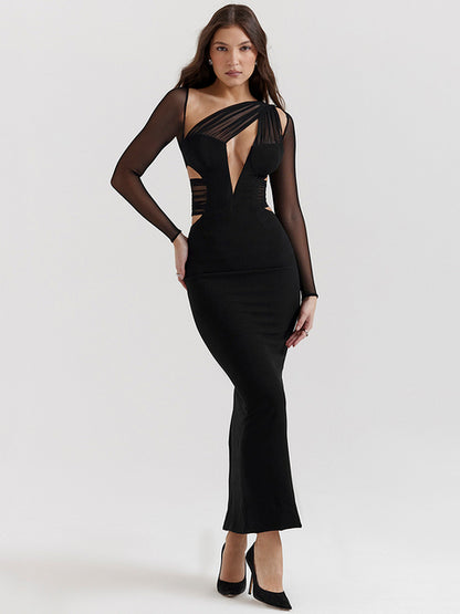 Elegant Long Sleeved Hollow Out Mesh Patchwork Dress For Women Bodycon Zipper Vestidos Female Slim Party Evening Dress