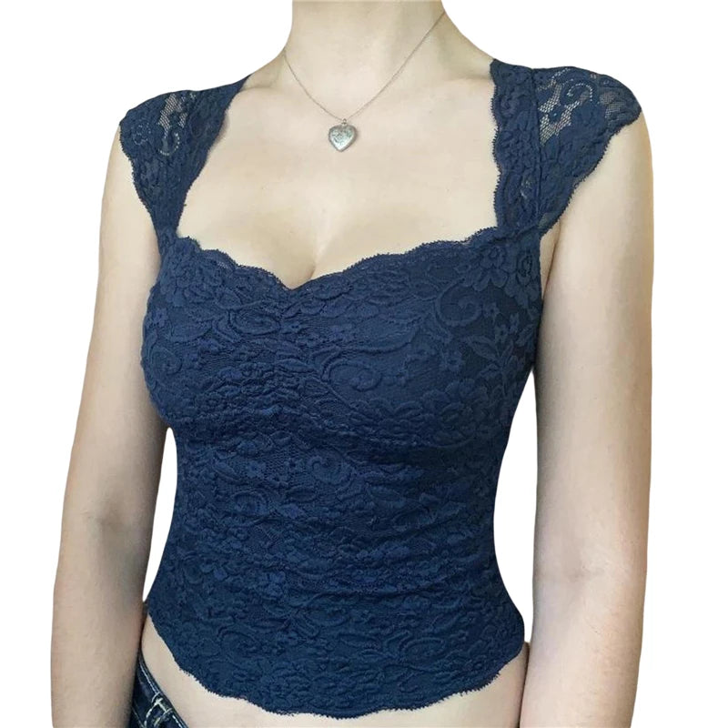 Top corto de encaje Y2K de los años 2000 con cuello en V y sin mangas para mujer, camiseta de estilo dulce, ropa de calle Kawaii E Girl