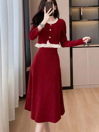 Conjunto de falda de dos piezas de pana para otoño e invierno, top de manga larga con volantes y cuello redondo para mujer, falda midi lisa, conjuntos de moda coreana, nuevo