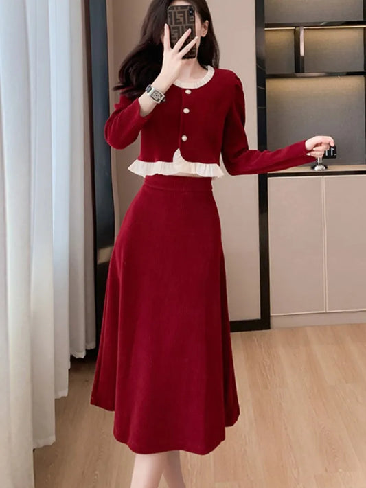 Conjunto de falda de dos piezas de pana para otoño e invierno, top de manga larga con volantes y cuello redondo para mujer, falda midi lisa, conjuntos de moda coreana, nuevo