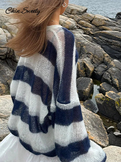 Loose Mohair Striped V-neck Cardigan Women With Scarf Fashion Lantern Sleeve Single Breasted Knitwear Casual Lady New Streetwear