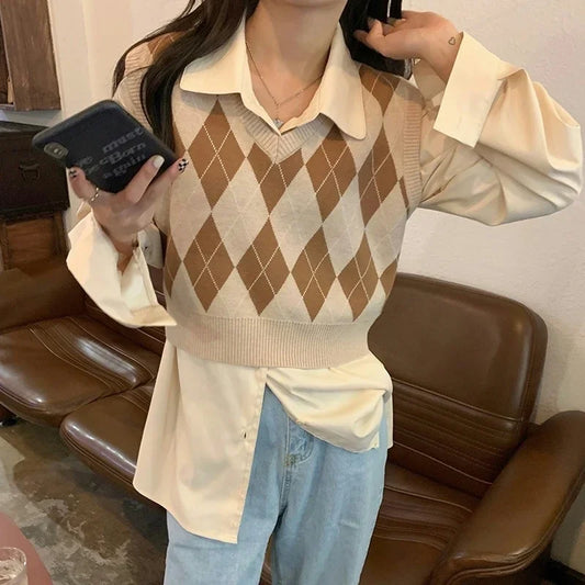 Suéter vintage a cuadros con cuello en V para mujer, suéteres de punto vintage para otoño e invierno, jersey holgado coreano, prendas de punto para mujer