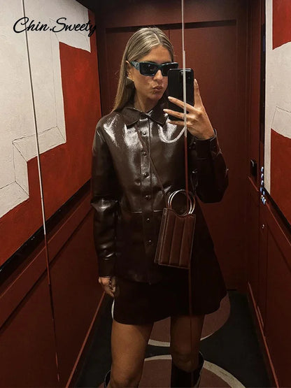 Casual Leather Jacket Skirt Set for Women 2 Pieces Lapel Single Breasted Top Mini Skirts Autumn Lady Y2k All-matching Outfits