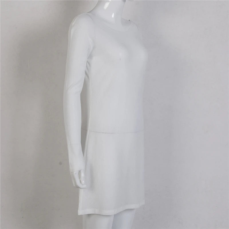 Backless White Dress Women Sheer Transparent Round Neck Long Sleeve Knitted Bodycon Dress Sexy Party Dresses Beachwear