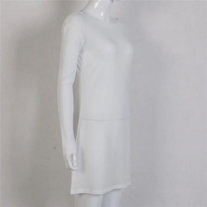 Backless White Dress Women Sheer Transparent Round Neck Long Sleeve Knitted Bodycon Dress Sexy Party Dresses Beachwear