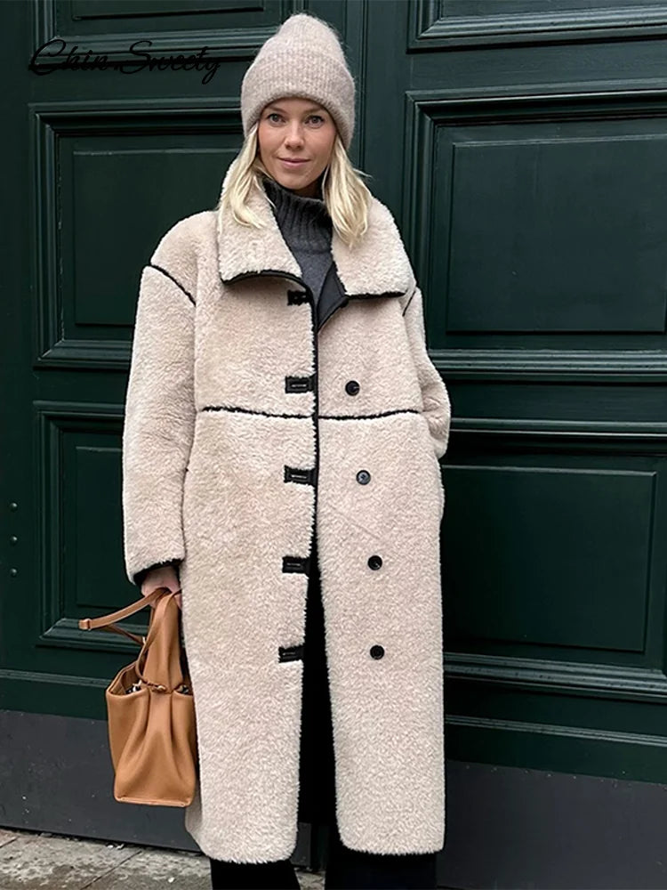 Fashion Beige Faux Fur Long Coat Women Winter Buttons Lapel Long Sleeve Lamb Fleece Jacket 2025 New Lady Loose Street Outerwear