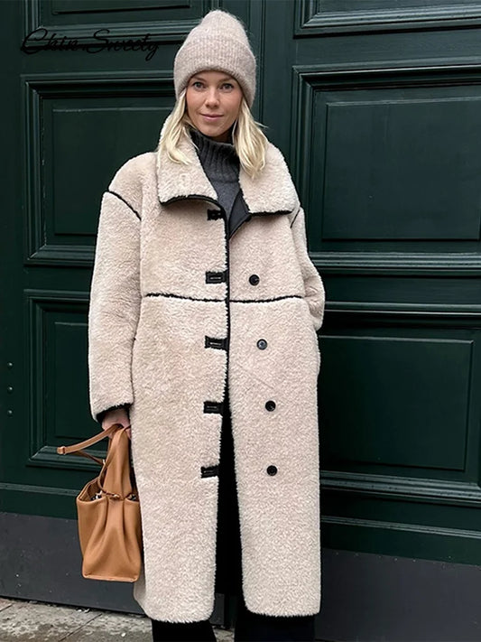 Abrigo largo de piel sintética beige de moda para mujer, chaqueta de invierno con solapa y botones, manga larga, forro polar de cordero, ropa de calle holgada para mujer 2025.