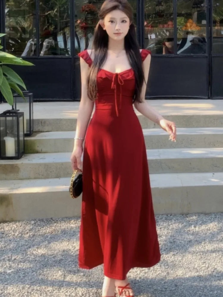 Vestidos de punto con tirantes finos para mujer, con cordones, ajustados, lisos, cuello cuadrado, elegantes, sexis, moda coreana, nuevos vestidos para mujer