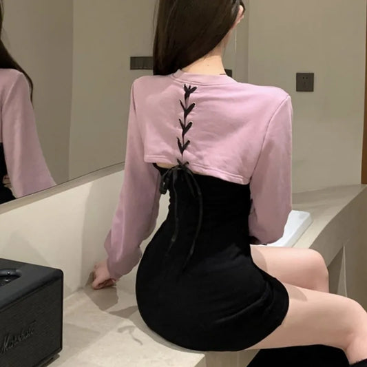 Minivestidos sexis de retazos para mujer, de manga larga, ajustados, con cordones, calados, Y2K, para fiesta y club, moda coreana, otoño, nuevos vestidos