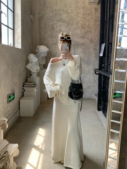 Sexy Soft Elegant Vintage Women Suits 2 Pieces Female Sets Slash Neck Sweater & Midi Dress Bling Knitted TrackSuit