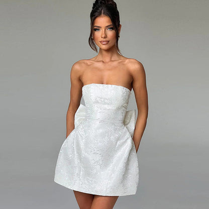 Backless Bow Sexy Mini Dress For Women Fashion Off-shoulder Strapless Sleeveless Bodycon Club Party Dress Elegant