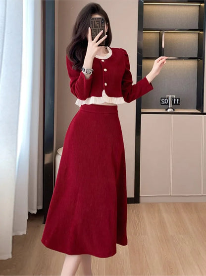 Conjunto de falda de dos piezas de pana para otoño e invierno, top de manga larga con volantes y cuello redondo para mujer, falda midi lisa, conjuntos de moda coreana, nuevo
