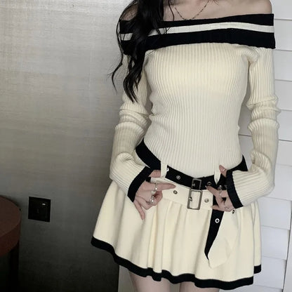 Minivestidos de punto informales ajustados Y2K para mujer, con hombros descubiertos, elegantes, de moda coreana, vestido de fiesta corto con cinturón, ropa nueva de otoño