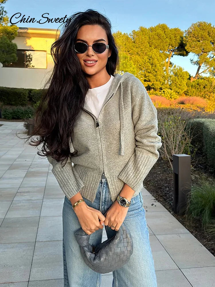 Casual Hooded Cardigans Women Gray Long Sleeve Soft Zipper Ribbed Sweater Female 2025 Spring Fashion Simple Slim-fit Top New