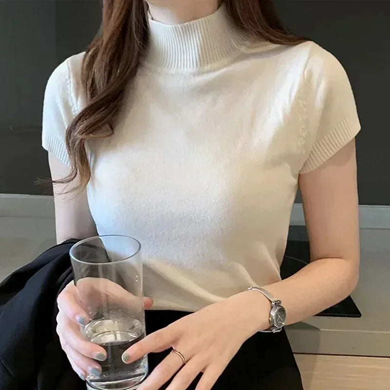 Blusas y tops de mujer Blusa de manga corta de verano para mujer Blusas de mujer de moda Blusa de punto de cuello alto Tops de camisa