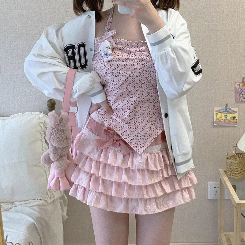 Falda estilo Lolita estilo pastel estilo Harajuku para chicas, faldas con volantes de cintura alta en capas, estilo Y2K, estilo Fairycore, ropa de calle