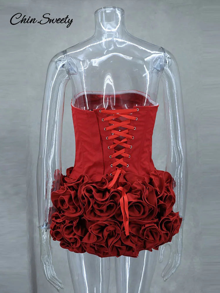 Conjunto de falda y top de tubo con flores 3D rojas navideñas para mujer, falda corta con estampado floral y vendaje ajustable, ideal para fiestas.